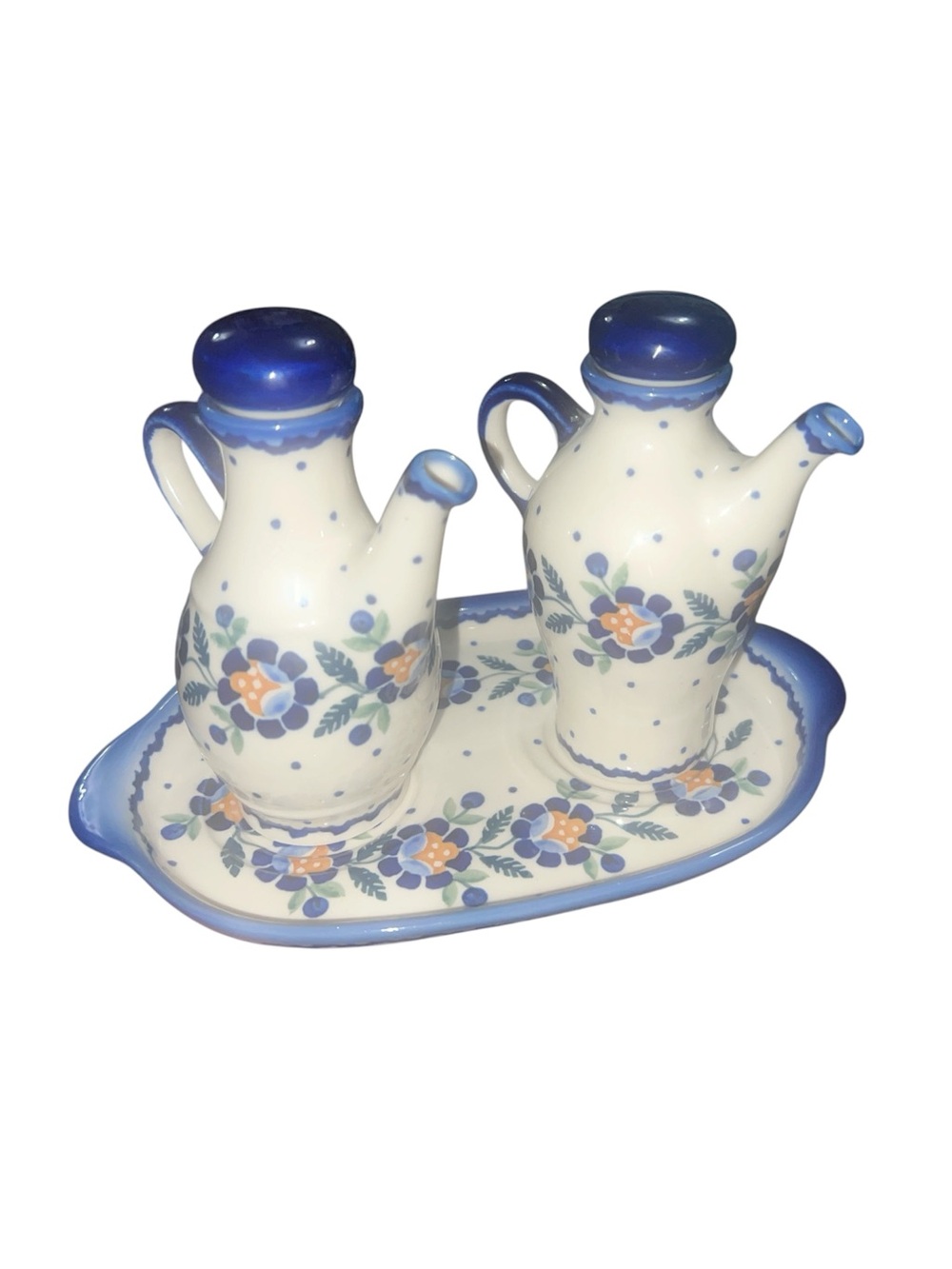 Blue Rose Polish Pottery Willow Oil & Vinegar Cruet Set with Tray Boleslawiec